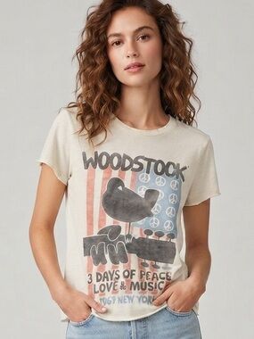 LUCKY BRAND X Woodstock Graphic Tee S 18.5” p2p Ivory $49 Retail NWT